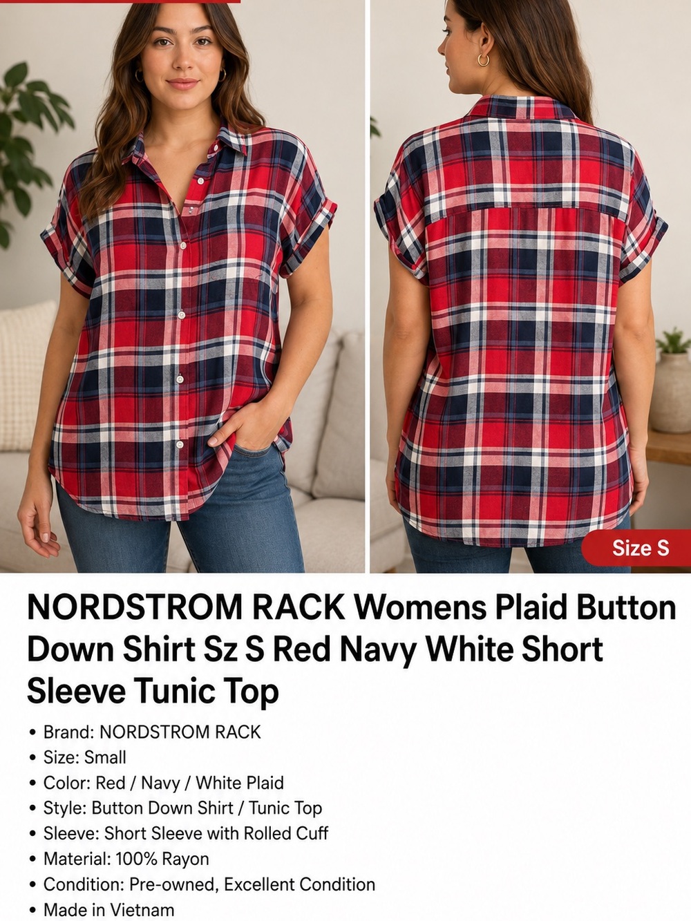 Plaid Short Sleeve Tunic Shirt NORDSTROM RACK, Size Small